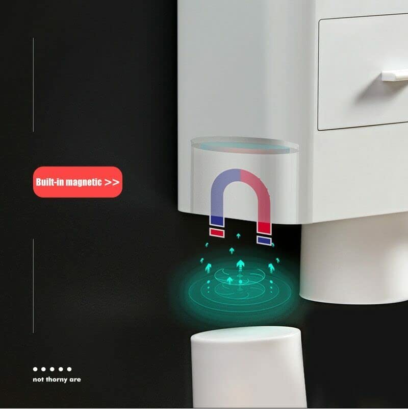 SKOFRI Toothbrush Holders for Bathrooms, 3 Cups Wall Mounted with Toothpaste Dispenser, Large Capacity Tray, Cosmetic Drawer and 4 Brush Slots with Cover Tooth Brush Holder Plastic, white Product Image 4
