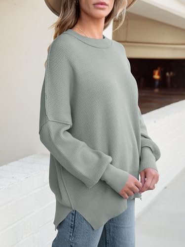 Image of ANRABESS Women Oversized Sweaters Batwing Long Sleeve 2026 Fall Outfits Crewneck Casual Knit Side Slit Fashion Pullover Top