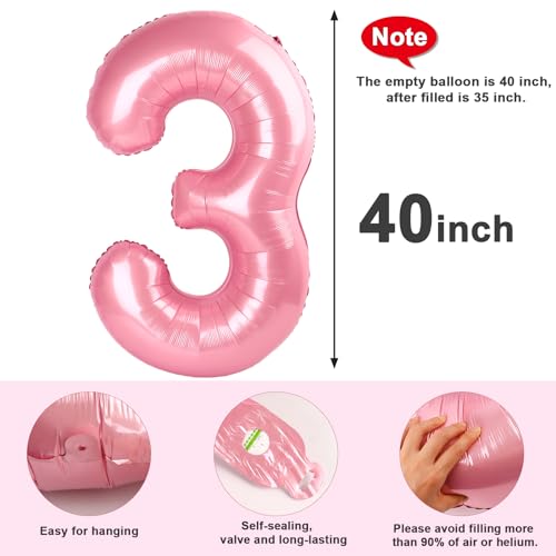 Image of 3 Balloon Numbers Birthday Decorations, 40In Pearl Pink Balloons for Party | Eye-catching Appearance, Perfect Decorative Centerpieces, Convenient Self-sealing Structure, Widely for Various Occasions