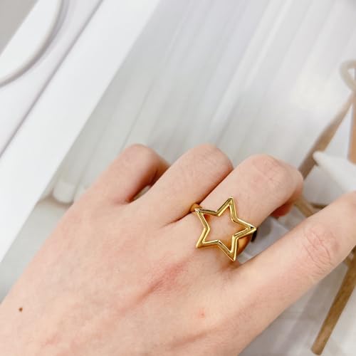 Y2K Hollow Star Open Band Statement Ring Punk Aesthetic for Women Men Stainless Steel Chunky Gothic Grunge Adjustable Stackable Finger Knuckle Rings Vintage Minimalist Silver Comfort Fit Jewelry (Gold)2