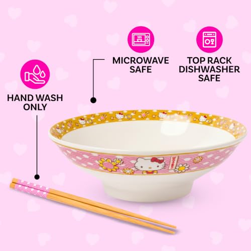 Image of Silver Buffalo Sanrio Hello Kitty Pink, Ramen Bowl with Chopsticks, 30oz | Gold Japanese Pattern with Flowers, Ceramic, Noodle Rice, Microwave Safe, 0.89 Liters