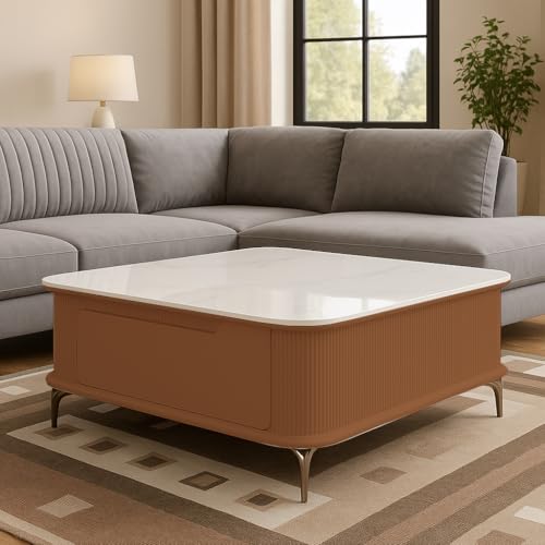 Image of WOODEN SPACE Premium Solo Marble-Top Wooden Center Table for Living Room | Iron Legs | PVD Coating | Modern Entryway Furniture | Coffee Table (Orange, 42x42x18 Inch)
