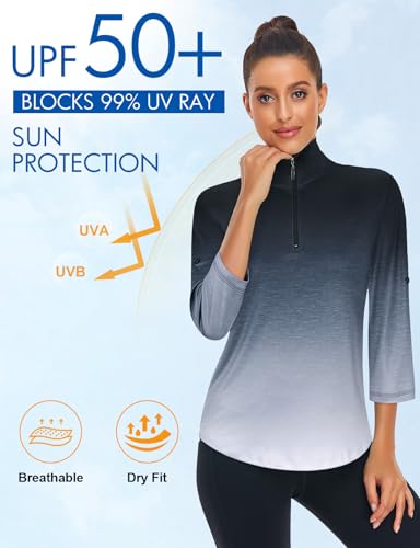 Koscacy Women's 3/4 Roll Sleeve Golf Tennis Polo Shirts UPF50+ Half Zip Dry Fit Workout Tops Athletic Shirt3