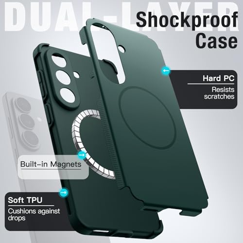 Image of JETech Magnetic Cover Case for Samsung Galaxy S26, Compatible with MagSafe, Dual-Layer Heavy Duty Shockproof Phone Cover, Camera Lens Full Protection, Anti-Scratch Hard PC Back (Midnight Green)