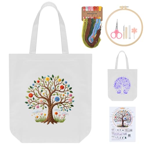 ERKOON Embroidery Canvas Tote Bag for Women DIY Printed Cross Stitch Craft Kit for Beginners with Hoops Material Package & Guide Reusable Grocery Bags for Daily Shopping Work Gift (Trees)