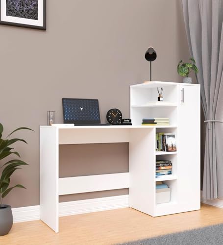 Image of Avenue Venture Multipurpose Desk for Office, Study with Book Storage Engineered Wood Multipurpose Table (Free Standing, Finish Color - Columbain White, DIY(Do-It-Yourself)) (White)