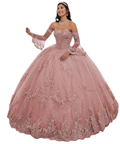 Laces Appliques Quinceanera Dresses for Teens Long Puffy Sparkly Tulle Ball Gown with Sleeve