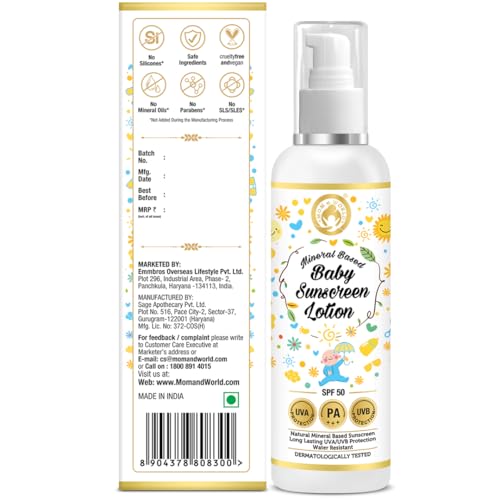 Image of Mom & World Mineral Based Baby Sunscreen Lotion 120ml - Pack of 2 | Spf 50 Pa+++| Uva /Uvb Protection | Chemical Free | Outdoor Safe | Sensitive Skin Friendly | Dermatologically Tested | Water Resistance