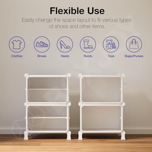Image of BOXJOY 4 Shelf White Shoe Rack with 2 Brown Doors, Magnets and 5 Hook Steel Holder for Home Storage Box Organizer, Hard PET Plastic with Metal Door Frame, Shoe Chappal Slipper Sandals Stand