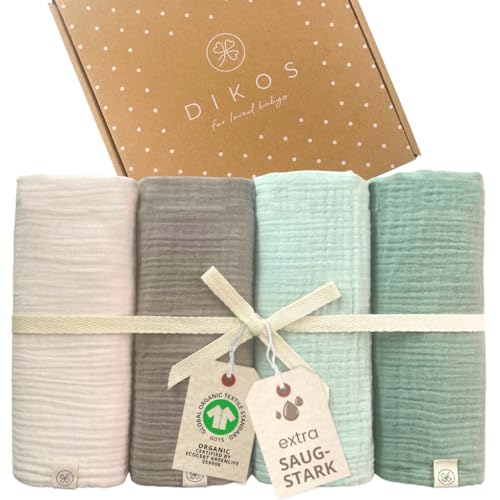 DIKOS® Baby Mulltücher 4er Premium Set (Creme, Taupe, Mint & Salbei) –...