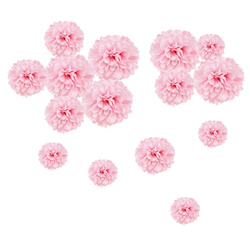Pompon Papier de Soie Rose Clair Pompom Fleur Decoration Boule Mariage Suspendu pour Noël Wedding Party Anniversaire Baby Shower Fille Baptême Octobre Rose- 15pcs (5pcs 15/20/25cm)