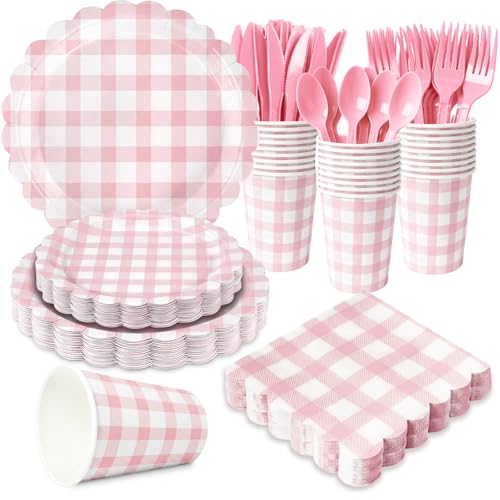 175 PCS Pink Gingham Party Supplies Includes Pink Gingham Paper Plates, Cups, Napkins, Cutlery for Baby & Bridal Shower, Wedding, Birthday Party, Outdoor Picnic, Serves 25