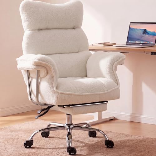 Dowinx Big and Tall Office Chair Ergonomic Desk Chair with Thick Cushion Wide Seat & Armrests Computer Gaming Chair High Back Reclining Teddy Fleece Criss Cross Chair with Foot Rest White