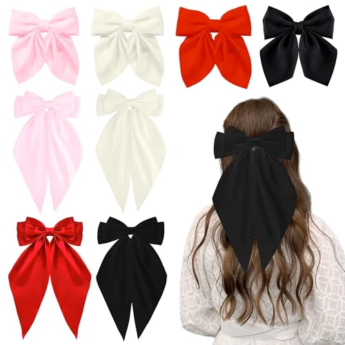Loqpol 8 PCS Satin Hair Bows, Oversized Long Tail Bows, Short Hair Bows with Aliigator Clips, Coquette Hair Accessories for Women and Girls (Black - Red - L.Pink - Beige)