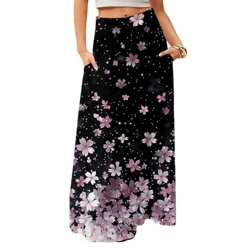 Long Skirts for Women Trendy Boho High Waisted Maxi Skirts with Pockets Floral Flowy Beach Vacation A Line Skirt