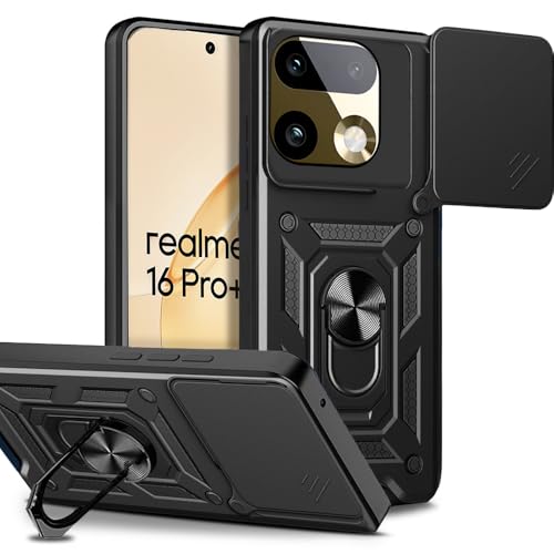 Image of AESTMO Tough Armor Realme 16 Pro Plus 5G Bumper Back Case Cover | Ring Holder & Sliding Camera Shield Cover | 360 Degree Protection Back Case Cover for Realme 16 Pro Plus 5G (Black)