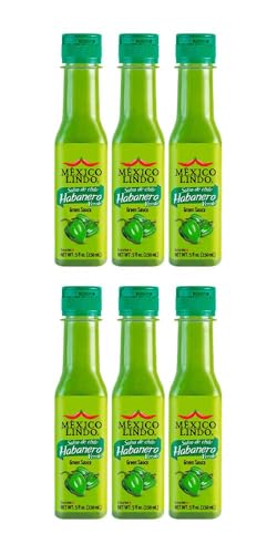 Image of Mexico Lindo Green Habanero Hot Sauce | Real Green Habanero Chili Pepper | 75,900 Scoville Level | Enjoy with Mexican Food, Seafood & Pasta | 5 Fl Oz Bottles (Pack of 6)