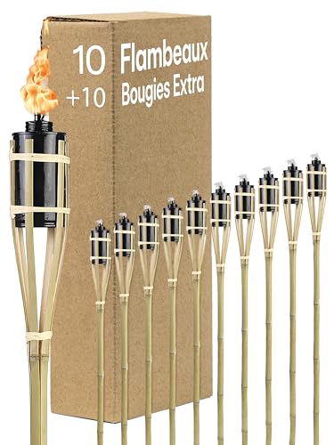 10 Torches de Jardin en Bambou avec 10 Mèche - Longue Durée de Combustion - Torches à Huile pour...