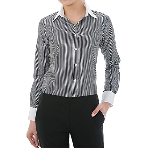 Leonis Women's 100% Cotton Non Iron White Collared Long Sleeve Shirt No.009 Stripe Black (Size 14) [ 44096 ] Cover