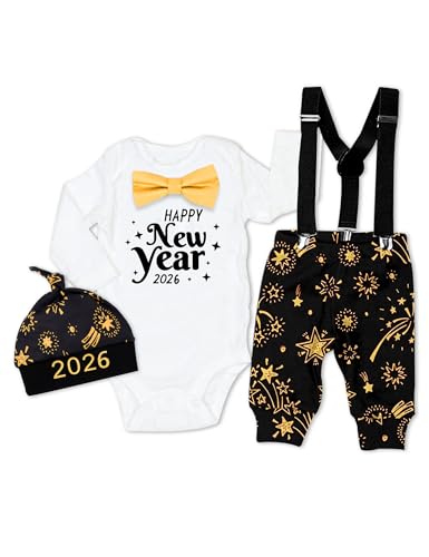 MIGU Baby Boy New Year Outfit 2026 Newborn Baby Boy Clothes Happy New Year Baby Boy Outfit White Long-Sleeve Star Carrier Pants Hat 3-Piece Set