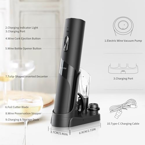 CIRCLE JOY Rechargeable Wine Opener Electric Wine Bottle Opener 7-in-1 Wine Gift Set with Electric Vacuum Pump, Charging Station, Foil Cutter, Wine Aerator Pourer and 2 Wine Stoppers
