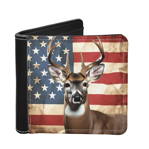 ZFRXIGN American Flag Deer Wallets for Men Billfold Travel Slim Wallet Leather ID Card Holder Organizer Foldable Clutch Reindeer Patriotic Money Bag