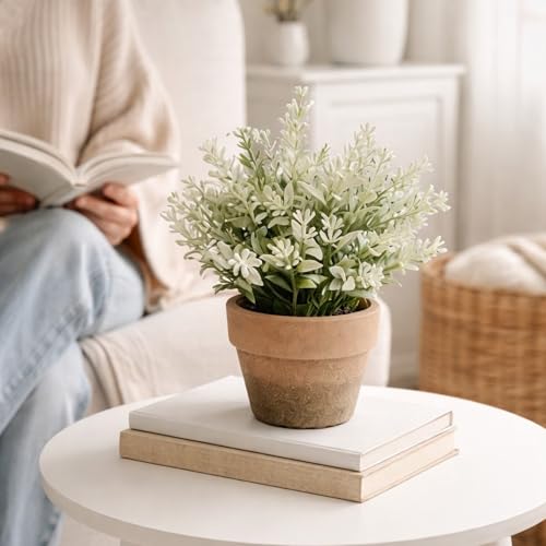 Image of Garden Art Artificial Lavender Plant in Rustic Pot - Realistic Faux Lavender Flowers for Home Decor, Office Desk, Tabletop, Farmhouse & Modern Decorationt (P-093White)