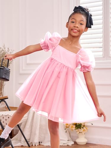 WDIRARA Girl's Mesh Short Puff Sleeve Square Neck High Waist Flared Hem Zipper A Line Dress3