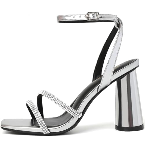 Image of RIBONGZ Block Heels Prom Heeled Sandals for Women Chunky Square Open Toe Strappy High Heels Ankle Strap Wedding Bridal Shoes High Heel Sandals for Party Dress