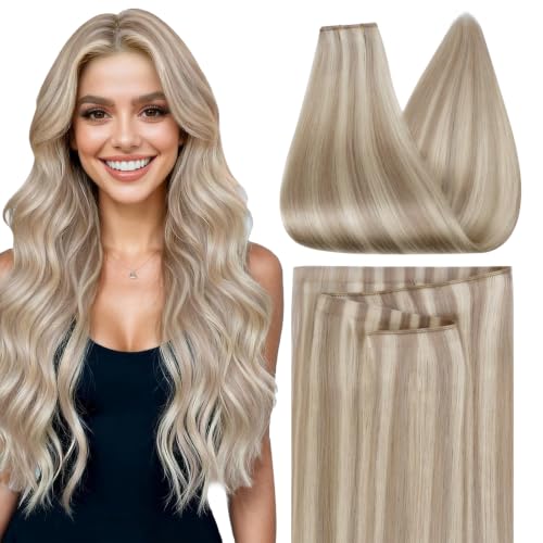 Image of Full Shine Genius Weft Tape in Hair Extensions Human Hair, 18 Inch 50g | Dirty Blonde with Ash Blonde Highlights, PU Weft Hair Extensions with Adjustable Design for Natural Blend, Flexible Styling