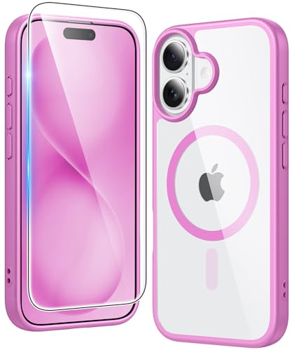 Image of FNTCASE for iPhone 16 Plus Case: Clear Magnetic Phone Cases with Screen Protector Compatible with Magsafe Slim Anti Yellowing Rugged Shockproof Protective Transparent Cell Phone Cover (B-Pink)