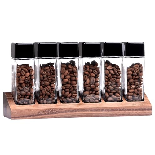 Normcore 6 Tubes Single Dose Espresso Bean Cellars, Coffee Beans Storage Tube Vial Vault with One-Way Exhaust Valve, Glass Coffee Bean Capsules With Genuine American Walnut Display Stand