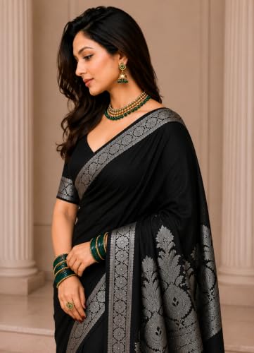 Image of Women's Glory Banarasi Satin Kanjivaram Saree Silver Zari Border Pure Soft Blend Silk Sari Kanchipuram Paithani Silk Party Wedding Festive New Ladies Sadi with Unstiched Blouse Piece.