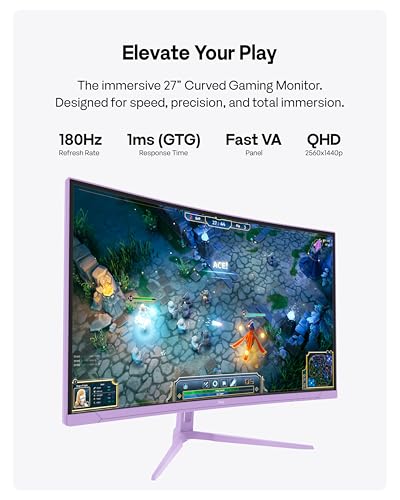 Image of Pixio PXC278 Wave Purple 27 inch 180Hz 1440p 1650R Curved Fast VA 1ms GTG Adaptive Sync Gaming Monitor with Purple HDMI 2.1 Cable Certified Ultra High Speed 10FT 8K 60Hz 4K 120Hz Nylon Braided