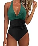 SUUKSESS Women Sexy Tummy Control One Piece Swimsuits Halter Push Up Monokini Bathing Suits (Deep Green Black, M)