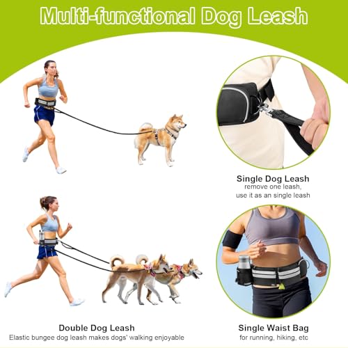 ETACCU Joggingleine für 2 Hunde, Freihändig Laufleine Bauchgurt Hundeleine zum Joggen Laufen Wandern mit Dual Griffe, Reflektierende Nähte, Laufgurt für Große Hunde bis 50kg, 124-180cm