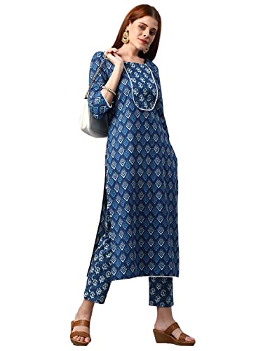 Image of ANNI DESIGNER Women's Cotton Blend Printed Straight Kurta With Pant