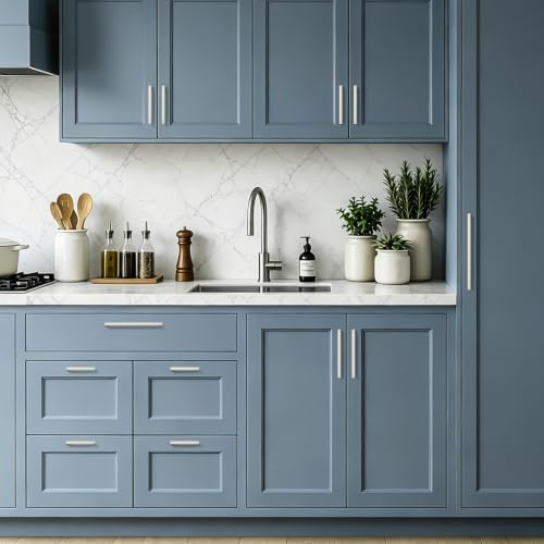 Image of Ravinte Brushed Nickel Kitchen Cabinet Solid Handles,3 Inch,5 Pack | Solid Zinc Alloy, Modern Slim Style, Square Design, Deep-Thread Firm Base, Screws Included, for Kitchen Drawers & Cupboards