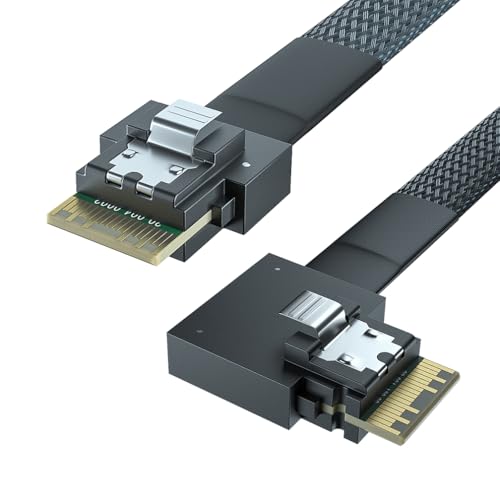10Gtek 24G SlimSAS SFF-8654 to SFF-8654 Cable, 8i, SAS 4.0, 100-ohm, for Servers, Storage Systems, Workstations & High-Performance Computing, Straight to Right Exit, 0.5-m(1.65ft)