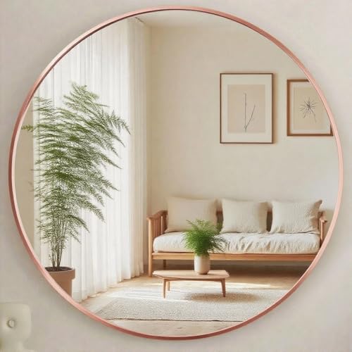 Genjitsu 鏡 壁掛けミラー 丸鏡 壁掛け鏡 洗面台 鏡 壁 洗面鏡 浴室 玄関 洗面所 鏡 化粧鏡 かがみ 円形 鏡 壁掛け 丸(ローズゴールド色,直径50cm)
