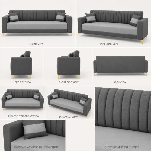 Image of FURNY Signature Regalia 3 Seater Sofa Set | Boston Fabric | 40D Foam + Zigzag Spring | 3-Yr Warranty (Ash Grey, Light Grey) | Modern Living Luxury Sofa Set for Home, Office & Hotel Spaces