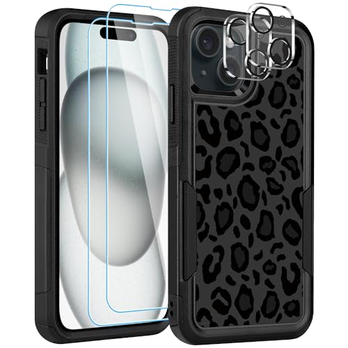 LOQUPE [5 in 1 for iPhone 15 Plus Case,with 2 Pack Screen Protector + 2 Pack Camera Lens Protector,Heavy-Duty Tough Rugged Lightweight Slim Shockproof Protective Case for Women,Cute Leopard Pattern