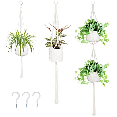 Fivepot 3 Set Makramee Pflanzen Aufhänger Makramee Blumenampel Baumwollseil Hängeampel Blumentopf Pflanzen Halter Aufhänger für Innen Außen Decken Balkone Wanddekoration, Elfenbein Cover