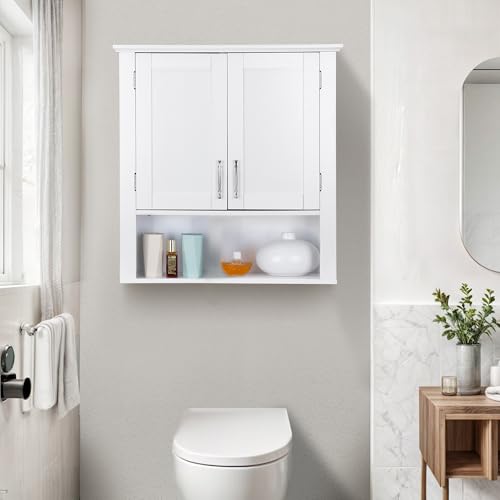 SUPER DEAL Bathroom Wall Cabinet Over The Toilet, Wall Mount Storage Medicine Laundry Cabinet with Two Doors and Three Adjustable Shelves, White