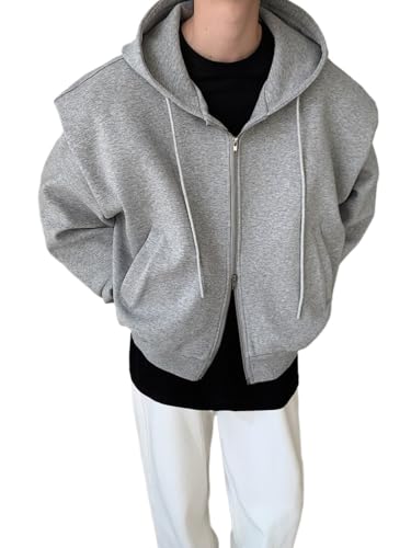 Men's Oversized Zip Up Hoodie Long Sleeve Shoulder Pad Sweatshirt Loose Fshion Solid Color Drawstring Sweatshirts