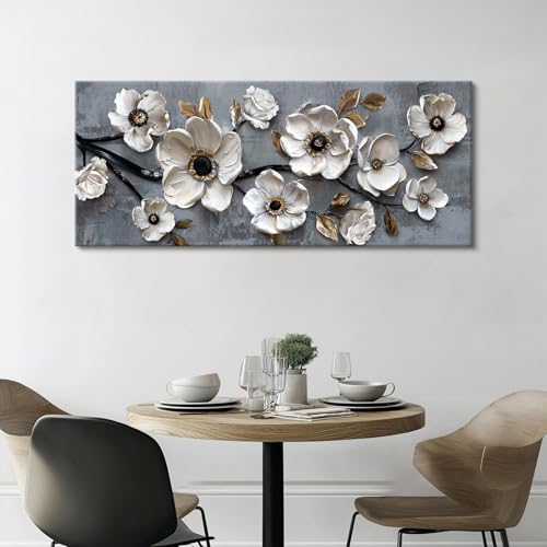 Tableau de fleurs blanches sur grande toile encadrée de 120x50 cm
