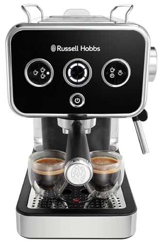 Image of Russell Hobbs Distinctions Espresso Coffee Machine | 1350W 15 Bar Pump Pressure + Milk Frother Steam Wand, Latte & Cappuccino | Detachable Water Tank, ESE pods, Cup warmer, Black, SS| 26450