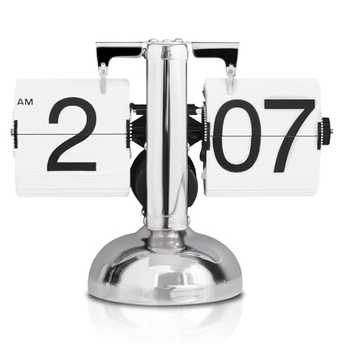 Flip Clock,Flip Desk Clock,Horloge à Rabat Rétro,Horloge de Bureau numérique à Rotation Automatique,Horloges De Bureau Mécanique Rétro à Pied Unique ,Horloges de Bureaus mécanique à Piles(Blanc)