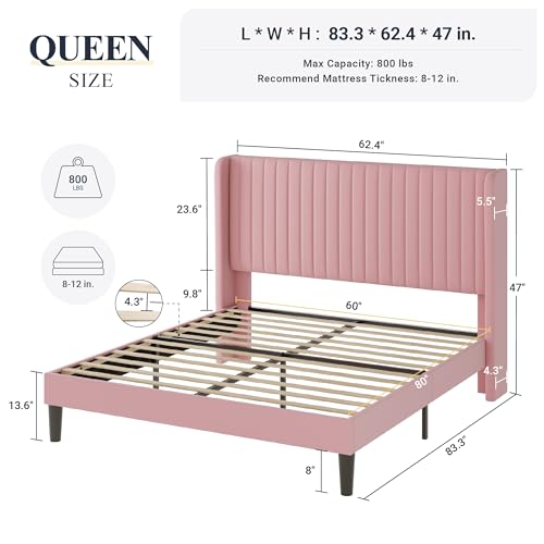 Allewie Queen Size Velvet Bed Frame/Vertical Channel Tufted Wingback Headboard/Upholstered Platform Bed/Strong Wooden Slats/No Box Spring Needed/Easy Assembly/Pink