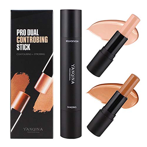 2 in 1 Contour Foundation Stick Highlighter & Bronzer Pen 3D Contour Repair Concealer Highlighting Shade Concealer Makeup Highlight Bronzer Shaping Trimming Stick (02#Lotus Color+Light Brown)